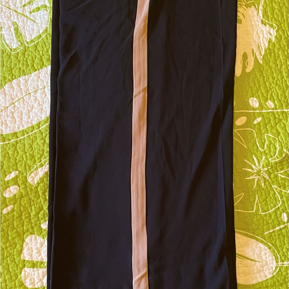 Eileen Fisher NWOT Silk Black pants with tan tuxedo striping.